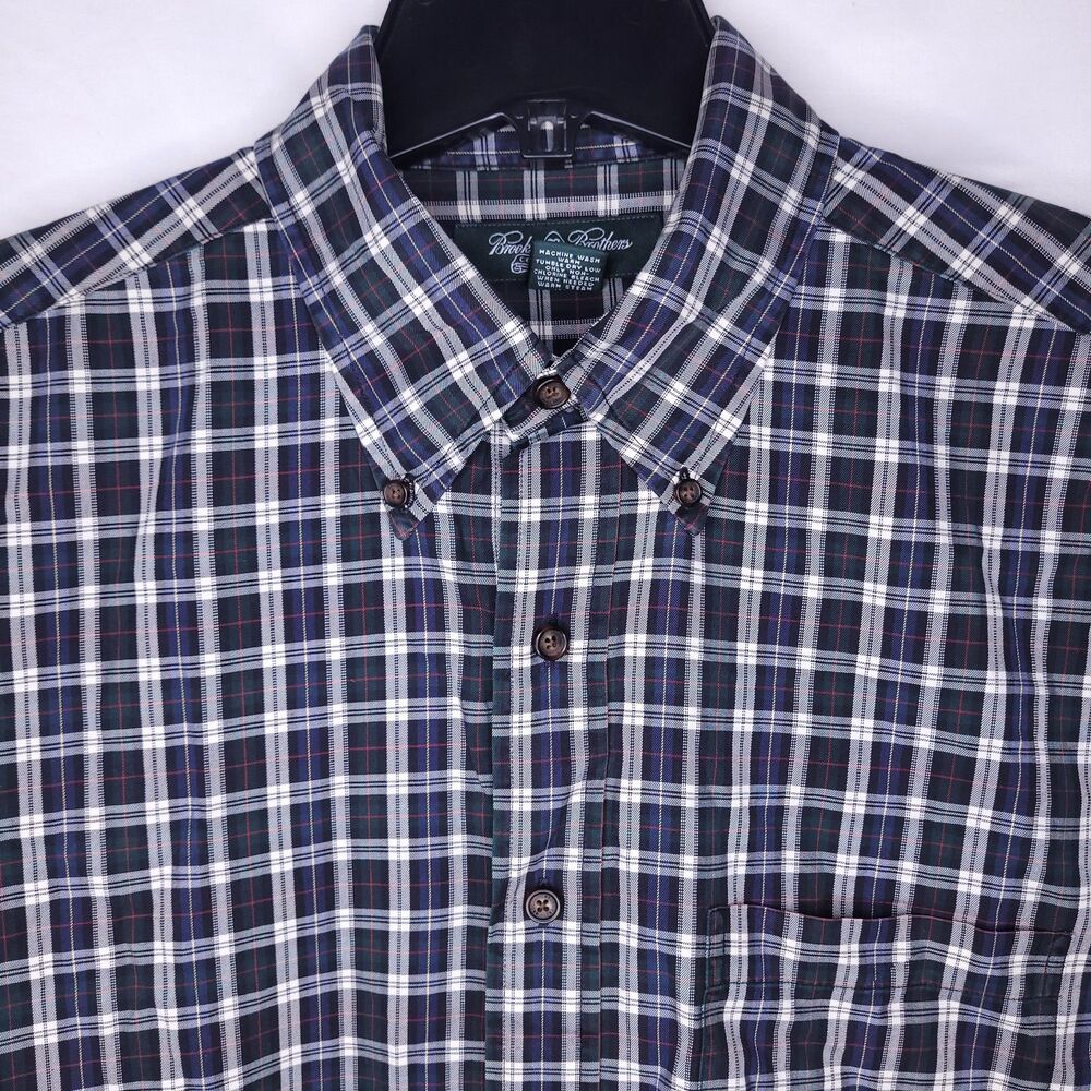 Brooks Brothers Country Club Shirt Mens Large Plaid Blue, Green Cotton